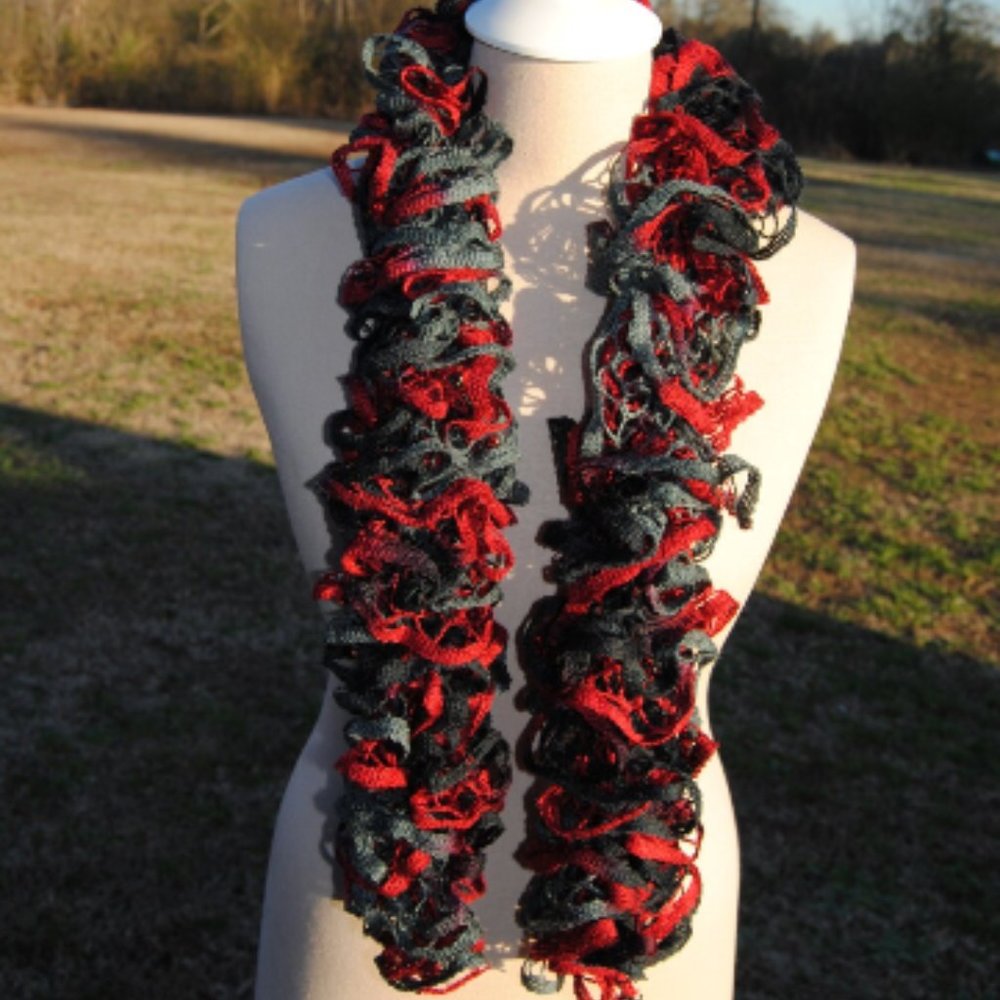 Crochet Black, Red, and Gray Ruffle Scarf/New